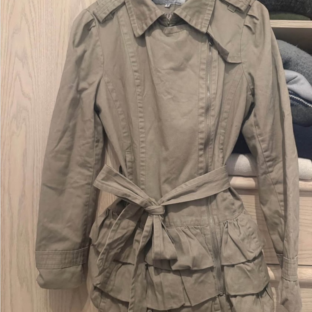 Black Rivet Olive Trench Coat with Ruffle Hem